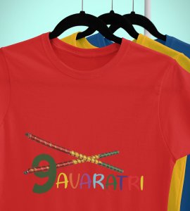 Navratri (2 Dandiyas) printed unisex adults round neck cotton half-sleeve red tshirt specially for Navratri festival/ Durga puja