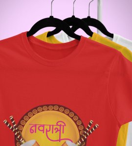 Navratri (2 Dhaks) printed unisex adults round neck cotton half-sleeve red tshirt specially for Navratri festival/ Durga puja