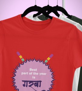 Garba (Dandiyas) Jai mata di (Trishul) printed unisex adults round neck cotton half-sleeve red tshirt specially for Navratri festival/ Durga puja