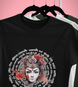Durga maa face (Mantras) printed unisex adults round neck cotton half-sleeve black tshirt specially for Navratri festival/ Durga puja