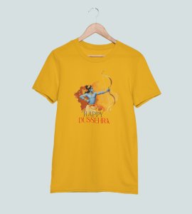 Happy Dussehra printed unisex adults round neck cotton half-sleeve yellow tshirt specially for Navratri festival/ Durga puja