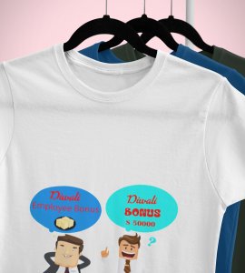 Diwali employee bonus printed diwali themed unisex round neck blended white t-shirt specially for diwali festival