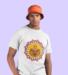 Rangoli mandala art (diya) printed diwali themed unisex round neck blended white t-shirt specially for diwali festival