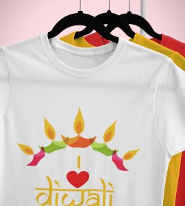 Classic earthen lamp /diyas vertically bended printed diwali themed round neck white t-shirt specially for diwali festival