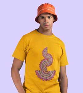 Designable semi-curved mandala colourful art printed diwali themed unisex round neck blended yellow t-shirt specially for diwali festival