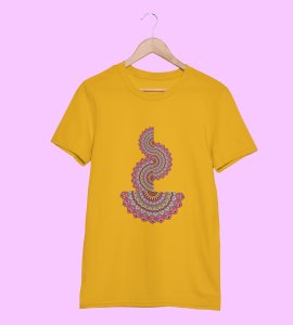 Designable semi-curved mandala colourful art printed diwali themed unisex round neck blended yellow t-shirt specially for diwali festival