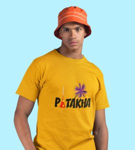 Patakha printed diwali themed unisex round neck blended yellow t-shirt specially for diwali festival