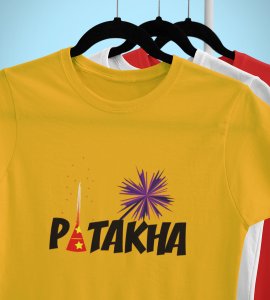 Patakha printed diwali themed unisex round neck blended yellow t-shirt specially for diwali festival