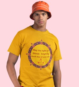 Small diyas surrounded mandala art printed diwali themed unisex round neck blended yellow t-shirt specially for diwali festival