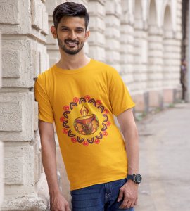 Rangoli mandala art (diya) printed diwali themed unisex round neck blended yellow t-shirt specially for diwali festival