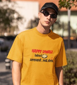 Soanpapdi mat lana printed diwali themed unisex round neck blended yellow t-shirt specially for diwali festival