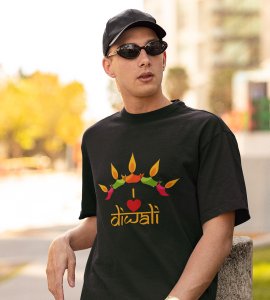 Classic earthen lamp /diyas vertically bended printed diwali themed round neck green t-shirt specially for diwali festival