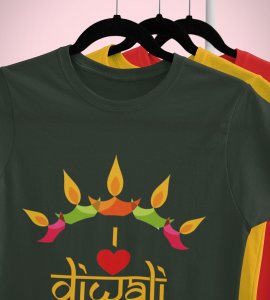 Classic earthen lamp /diyas vertically bended printed diwali themed round neck green t-shirt specially for diwali festival