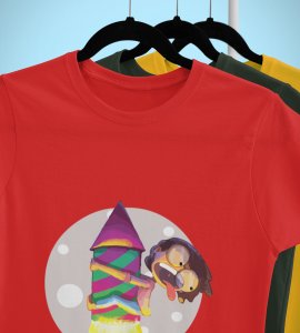 Rocket cracker printed diwali themed unisex round neck blended red t-shirt specially for diwali festival