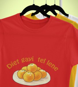 Laddoo printed diwali themed unisex round neck blended red t-shirt specially for diwali festival