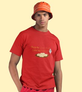 Keep the soan papdi printed diwali themed unisex round neck blended red t-shirt specially for diwali festival