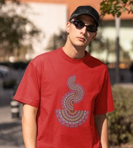 Designable semi-curved mandala colourful art printed diwali themed unisex round neck blended red t-shirt specially for diwali festival