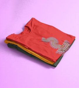 Designable semi-curved mandala colourful art printed diwali themed unisex round neck blended red t-shirt specially for diwali festival