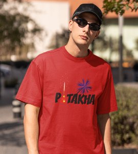 Patakha printed diwali themed unisex round neck blended red t-shirt specially for diwali festival