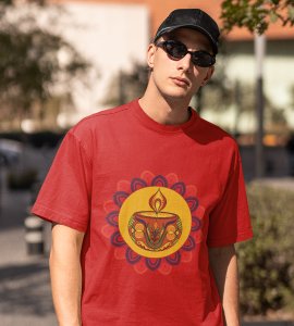 Rangoli mandala art (diya) printed diwali themed unisex round neck blended red t-shirt specially for diwali festival