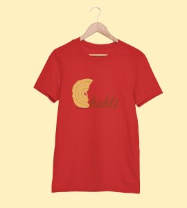 Chakli text printed diwali themed unisex round neck blended red t-shirt specially for diwali festival
