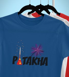 Patakha printed diwali themed unisex round neck blended blue t-shirt specially for diwali festival