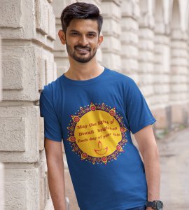 Small diyas surrounded mandala art printed diwali themed unisex round neck blended blue t-shirt specially for diwali festival