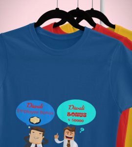 Diwali employee bonus printed diwali themed unisex round neck blended blue t-shirt specially for diwali festival