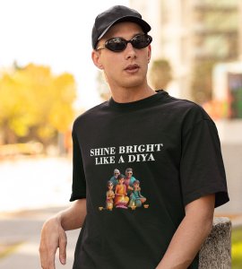Shine bright like a diya text printed diwali themed unisex round neck blended green t-shirt specially for diwali festival