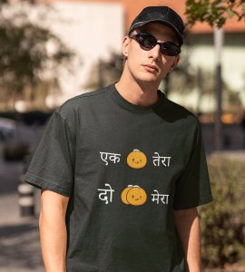 ek ladoo tera, do ladoo mera printed diwali themed unisex round neck blended green t-shirt specially for diwali festival