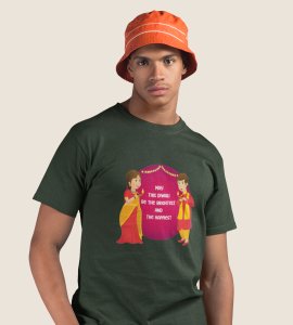 Gujju animated couple printed diwali themed unisex round neck blended green t-shirt specially for diwali festival