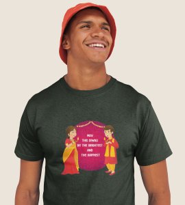 Gujju animated couple printed diwali themed unisex round neck blended green t-shirt specially for diwali festival