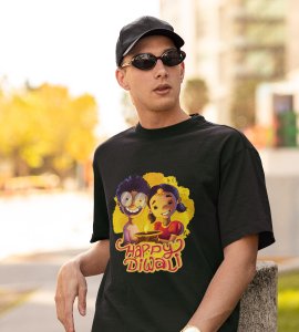 Diyas light and animated kids printed diwali themed unisex round neck blended green t-shirt specially for diwali festival