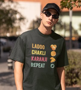 Laddoo, chakli, Karanji, repeat printed diwali themed unisex round neck blended green t-shirt specially for diwali festival