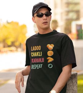 Laddoo, chakli, Karanji, repeat printed diwali themed unisex round neck blended green t-shirt specially for diwali festival