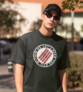 Let's burn the evil within printed diwali themed unisex round neck blended green t-shirt specially for diwali festival