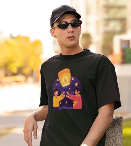 Air balloon & animated couple printed diwali themed unisex round neck blended green t-shirt specially for diwali festival