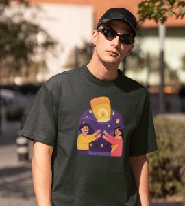 Air balloon & animated couple printed diwali themed unisex round neck blended green t-shirt specially for diwali festival