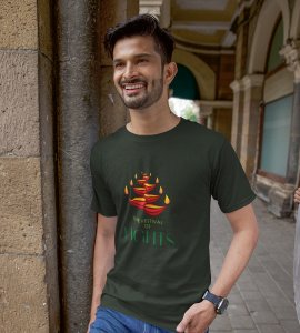 Diyas opposite wise framed printed diwali themed unisex round neck blended green t-shirt specially for diwali festival