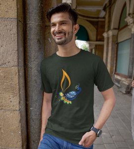 Peacock rangoli printed diwali themed unisex round neck blended green t-shirt specially for diwali festival