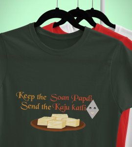 Keep the soan papdi printed diwali themed unisex round neck blended green t-shirt specially for diwali festival