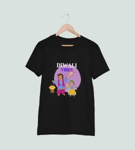 Traditional dressup combined father-daughter duo printed diwali themed unisex round neck blended black t-shirt specially for diwali festival