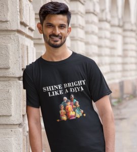 Shine bright like a diya printed diwali themed unisex round neck blended black t-shirt specially for diwali festival