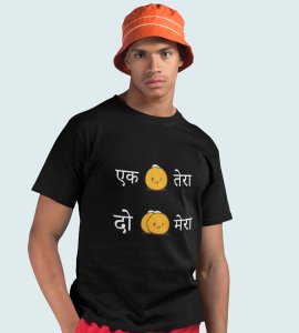 Ek laddoo tera, Do laddoo mera printed diwali themed unisex round neck blended black t-shirt specially for diwali festival