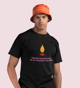 Wishing you text printed diwali themed unisex round neck blended black t-shirt specially for diwali festival