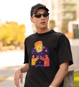 Air balloon & animated couple printed diwali themed unisex round neck blended black t-shirt specially for diwali festival