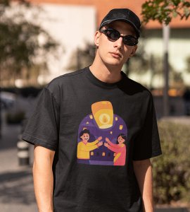 Air balloon & animated couple printed diwali themed unisex round neck blended black t-shirt specially for diwali festival