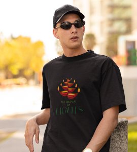 Diyas opposite wise framed printed diwali themed unisex round neck blended black t-shirt specially for diwali festival