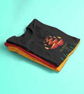 Diyas opposite wise framed printed diwali themed unisex round neck blended black t-shirt specially for diwali festival