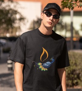 Peacock rangoli printed diwali themed unisex round neck blended black t-shirt specially for diwali festival